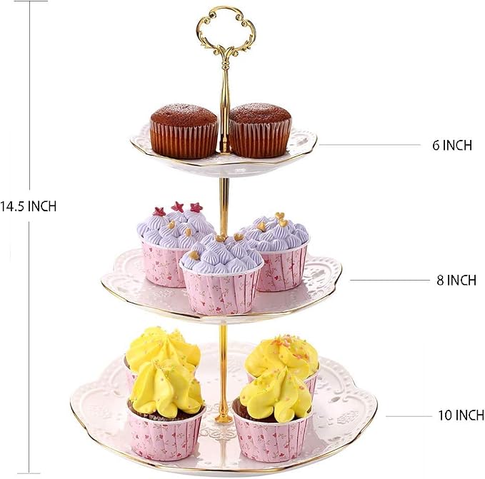 3-Tier Porcelain Embossed Cupcake Stand - Pure White Rimmed with Gold Dessert Cake Stand - Pastry Serving Tray Platter for Tea Party, Wedding and Birthday
