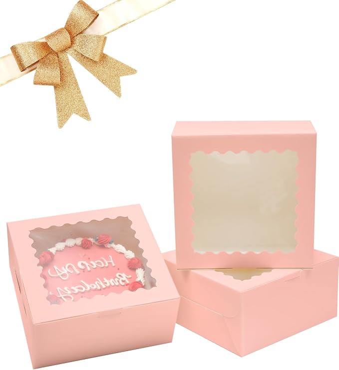 Bakepacker 8x8x5 Inches 36pcs Matte Pink Cake Boxes with Window 18-Packs (18 Boxes +18 Cake Boards Included)