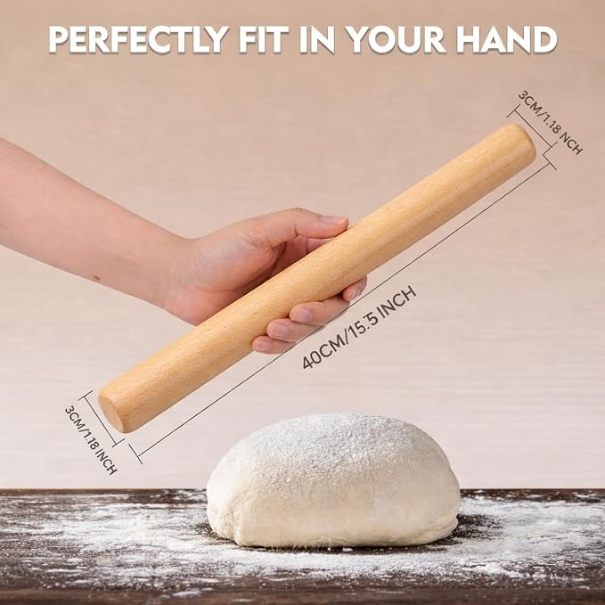 15.5 Inch Straight Rolling Pin – Lightweight Solid Wood, Unfinished & Chemical-Free, Natural Grain Texture (Not Smooth), for Pizza, Pastry, Pie – Rustic Charm, Great for Beginners