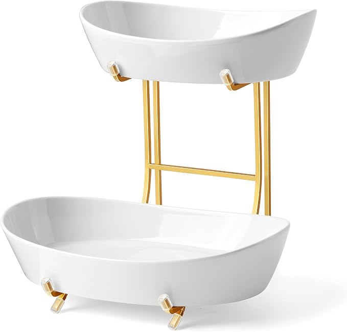 2 Tier Ceramic Fruit Bowl for Kitchen Counter, Elegant Gold Fruit Basket for Countertop, Small & Cute White Porcelain Tiered Serving Tray for Party, Modern Centerpiece for Snack, Candy & Nut