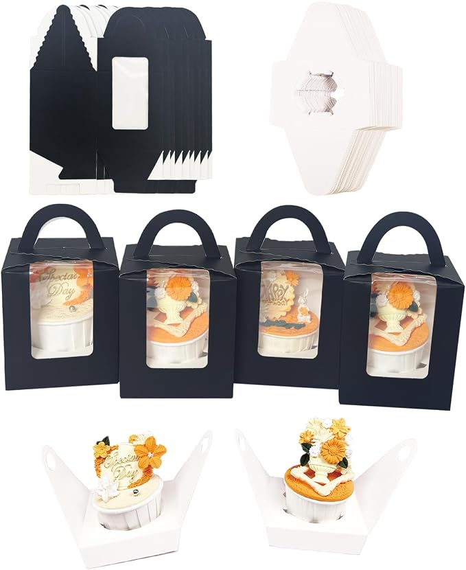 Bakepacker Auto-pop up Individual Cupcake Boxes with Window 25 Count Black Single Cupcakes Box 3.7 x 3.7 x 4.3inch Cupcake Carrier