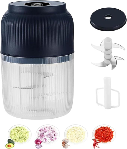 Household Electric Garlic Crusher - 350ML Portable Mini Food Processor, Rechargeable Vegetable Chopper, with 6 Stainless Steel Blades, for Garlic, Onion, Ginger, Chili (6 Blades Blue with Egg Beater)