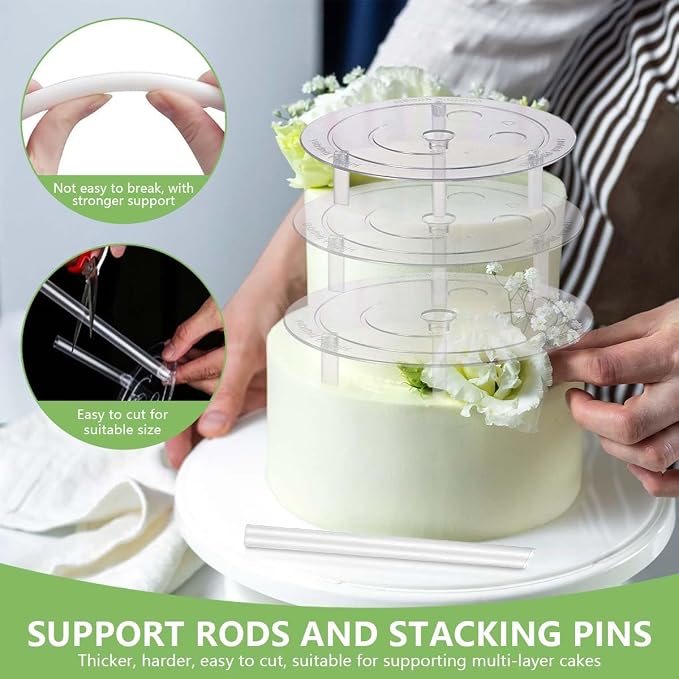 KISEER 5 Pieces Cake Separator Plates Stands with 24 Pieces Plastic Cake Dowels Rods and 15 Pieces Clear Cake Sticks Support Stacking for 4 6 8 10 12 Inch Tiered Cakes