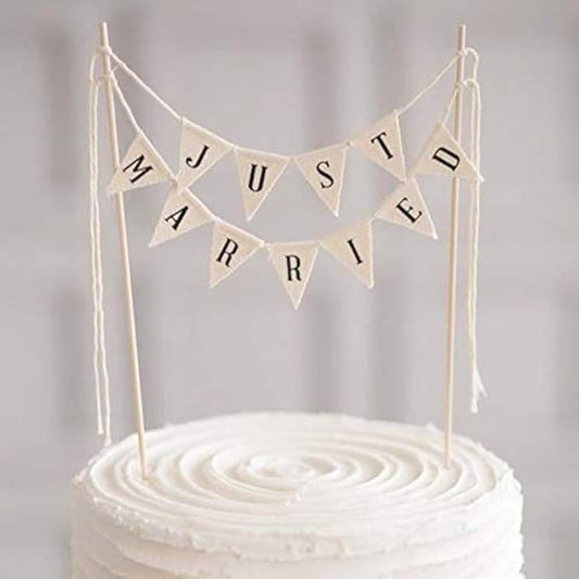 Wedding Cake Topper,Vintage Affair Rustic Just Married Wedding Cake or Cheese Bunting,Handmade Pennant Flags with Wood Pole Ivory