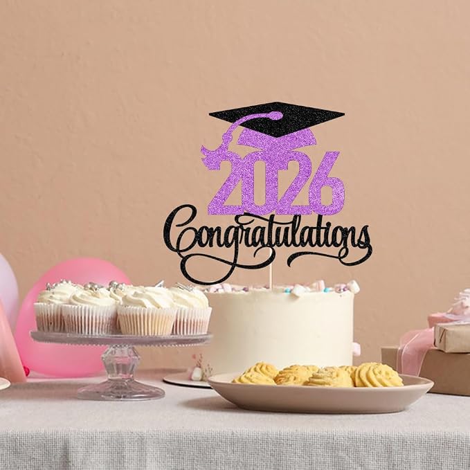 Glitter 2026 Congratulations Graduation Cake Topper,Congrats Grad Cake Decor - 2026 High School/College/Senior Graduation Party Decorations Supplie (2026Congratulations Dark purple)