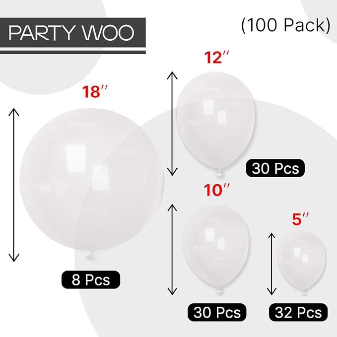 PartyWoo Clear Balloons 100pcs Different Sizes of 18 12 10 5 Inch Transparent Balloon Arch Kit for Graduation Wedding Baby Shower Bridal Shower Anniversary Birthday Party Decorations Clear-Y2