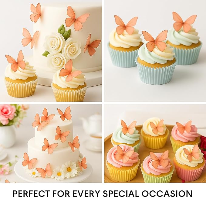 Confect Edible Wafer Paper Butterflies Set of 56 – Colorful Peach Butterfly Cake Decorations, Cupcake Toppers for Birthday, Wedding, Party – Edible Butterfly Toppers