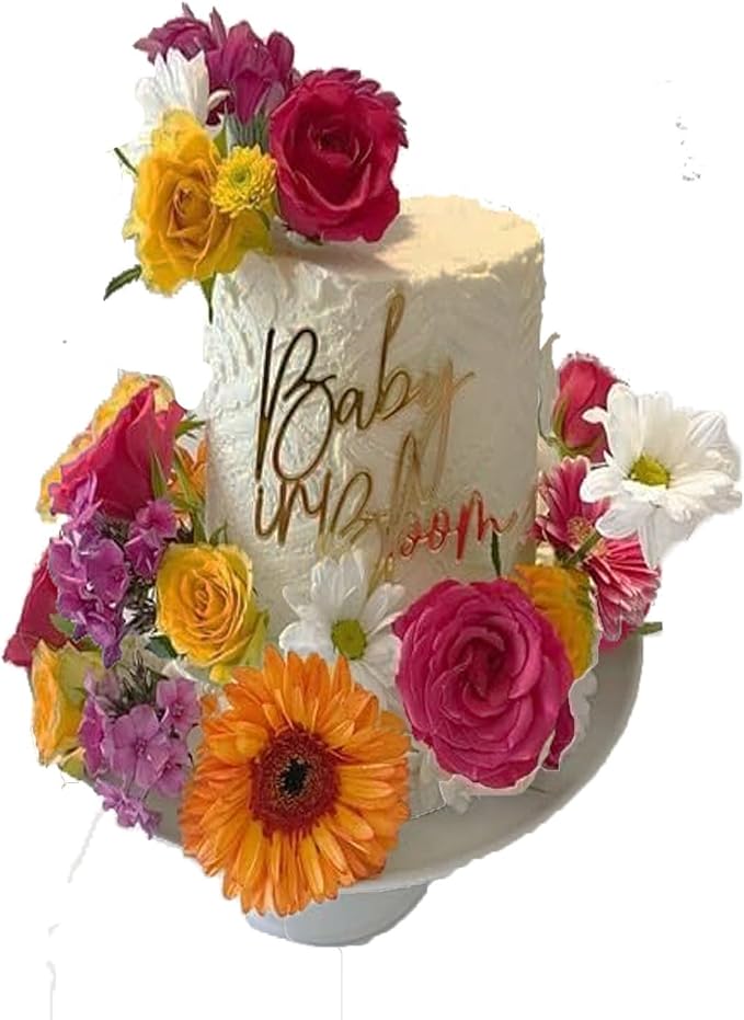 Baby in bloom Cake Topper,Gold Mirror Acrylic Baby shower cake sign Decorations,Gender Reveal Cake Decoration/Pregnancy Announcement/Baby Shower/Birth Announcement/Custom Baby Cake Topper