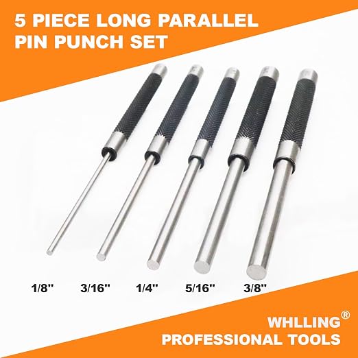 WHLLING 5-Piece Roll Pin Punch Set, 8-Inch Carbon Steel Pin Punch Set with Knurled Grip, Pin Diameter 1/8", 3/16", 1/4", 5/16" and 3/8"