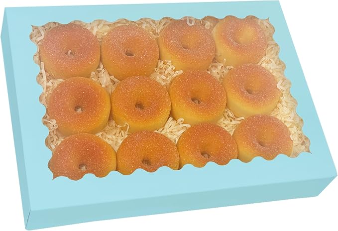 qiqee Auto-pop Up Light Blue Cookie Box with Window 16x10.5x2.5 Inch 24Pcs Bakery Pastry Macaron Bakery Box for Packaging