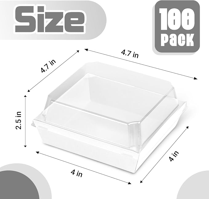 100 Pack Plastic Charcuterie Boxes with Clear Lids, 4" Small Paper to Go Food Container for Sandwich Salad Snack, Disposable Mini Bakery Dessert Boxes for Cupcakes Slice Cookies Strawberry White