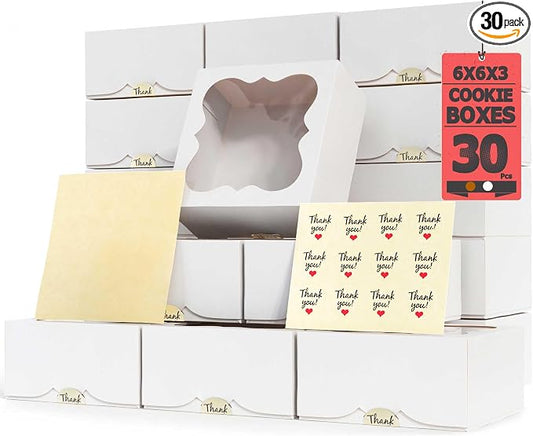 Leafiew 30 Pack 6x6x3 Bakery Boxes with Window – Small Cookie Boxes for Gift Giving – Treat Boxes for Small Cake, Pastry, Strawberries, Dessert, Candy, Charcuterie, Baked Goods and Food (White)