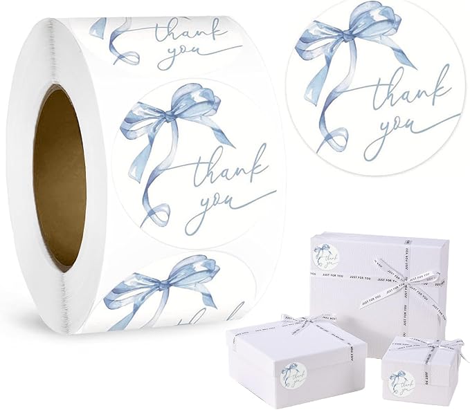 500Pcs Blue Thank You Stickers, 1.5 Inch Watercolor Bowknot Thank You Labels, Self-Adhesive Small Business Stickers for Gift Packaging (Blue)