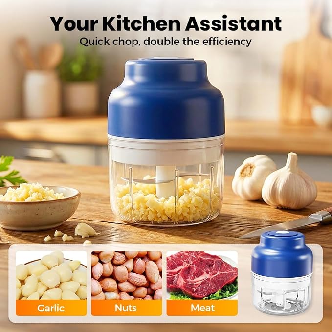 2026 Upgrade Electric Garlic Chopper, Electric Mini Food Processor Portable Veggie Cutter Chopper, USB Rechargeable Wireless Food Chopper for Mashing Garlic, Chili, Onion, Fruit, Ginger (250m l)