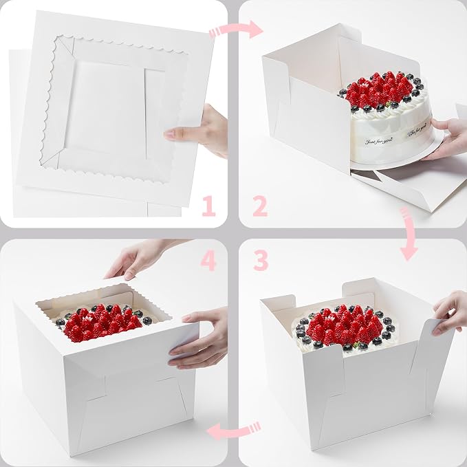 3 Pack Cake Boxes 12 Inch, White Square Cake Boxes with Cake Boards, Disposable Cardboard Cake Containers with Lids for Pastry Donuts Pies Cookies Dessert Wedding Birthday Party (12×12×8 In)
