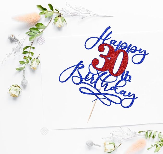 Happy 30th Birthday Cake Topper,Deep blue font red Numbers 30th Birthday Cake Decoration,Hello 30, Cheers to 30 Years/30th Anniversary,30& Fabulous Party Decoration