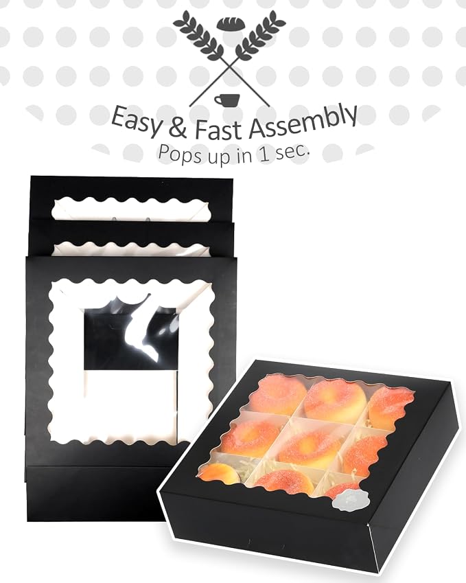 qiqee 9x9x2.5 Inch Black Pie Boxes with Window 12Packs Cookie Donut Bakery Box (Auto-pop Up)