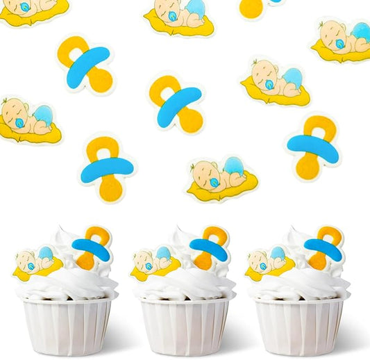 Blue Edible Baby Cake Decorations, Gender Reveal Cupcake Topper Edible, Boy Baby Shower Candy Cookies Chocolates Baking Decor, 16 pcs