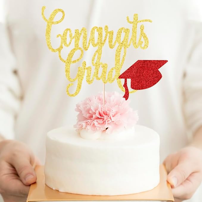 Congrats Grad Cake Topper,2026 Graduation Cake Topper, Congrats Grad Decorations,2026 High School/College/Senior Graduation Party Decorations Supplies. (Congrats Grad Gold red)