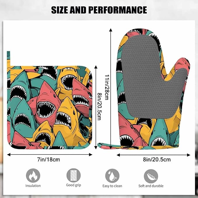 Mxocom Shark Oven Mitts and Pot Holders Sets Sea Ocean Fish Angry Sharks Wide Mouth White Teeth Aqua Silicone Heat Resistant Kitchen Oven Gloves Pot Holder for Cooking