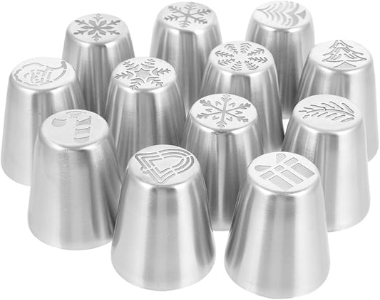 Yardwe 12Pcs Christmas Russian Piping Tips Set, Flower Frosting Nozzles Icing Tips for Cake Cookie Cupcake