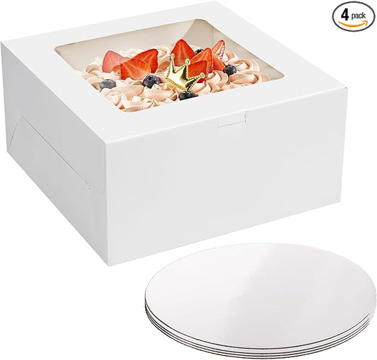 WINKIO Cake Boxes with Cake Boards, 4 Pack 10 Inch Cake Boxes with Window, Disposable Bakery Box for Cake Cookies Pies Cupcakes Pastry