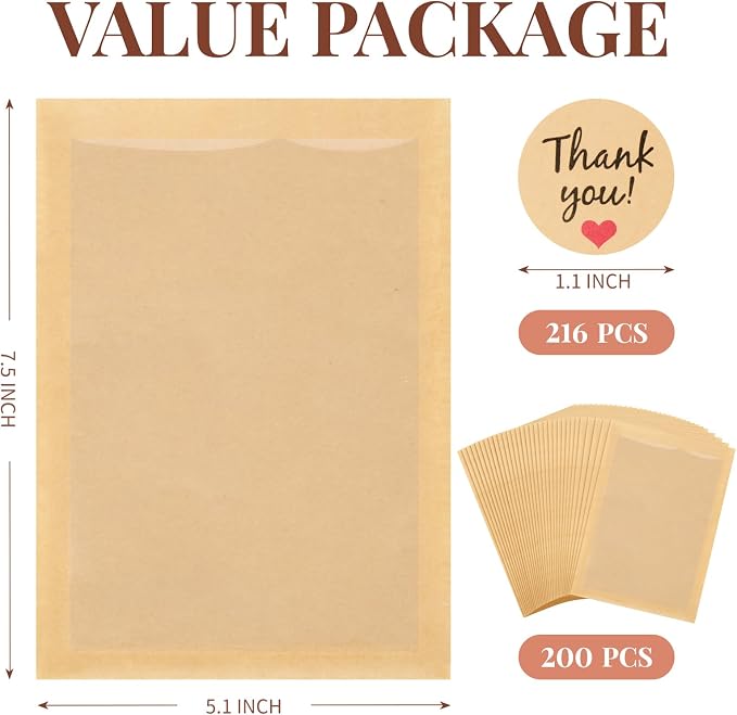 ZORRITA 200 Pack Heat-Sealable Cookie Bags with Window, 5.1 x 7.5 Inches Small Clear Front To Go Bakery Bags, Grease Resistant Kraft Paper Treat Sleeves for Packaging Snack Donut Pastry (Brown)