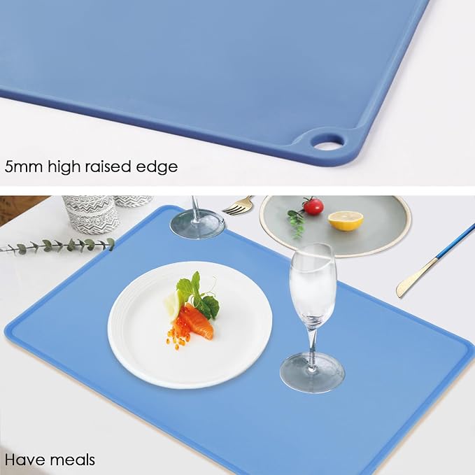 Standard Silicone Table Placemat-Food Grade Kids Dinner Placemat Reusable Countertop Mats Dough Pad with Raised Edges Blue Silicone Mat Heat Resistant for Air Fryer (1Pack 23.6'' x 15.7'')