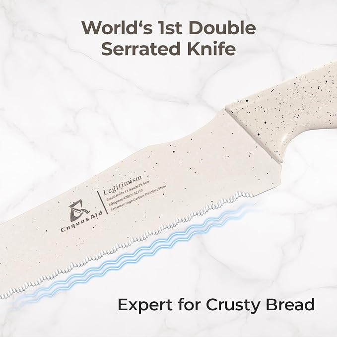 CoquusAid Upgrade Bread Knife for Homemade Bread, World‘s 1st Double Serrated Knife with 5 Thickness Adjustable Slicing Guide, Stainless Steel Bread Cutter, Razor Sharp for Sourdough, Creamy White