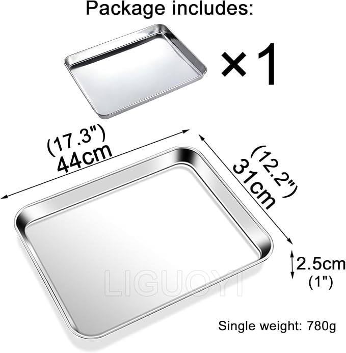LIGUOYI Stainless Steel Oven Sheet Pan Tray Cookie Sheet, Rectangle Baking Tray Nonstick Warp Resistants Heavy Duty Sheet Pan Trays, Serving Tray for Kitchen, Smooth Edge Pan(44x31x2.5cm)