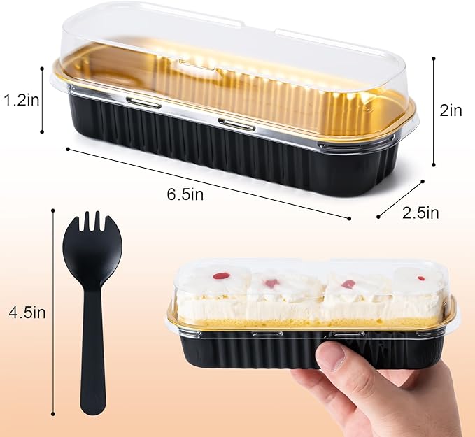 Husfunov 25 Pack Mini Cake Pans with Lids and Spoons, Small Aluminum Foil Loaf Pans, Rectangular Baking Containers for Party and Picnics, 6.8oz (Black/Gold)