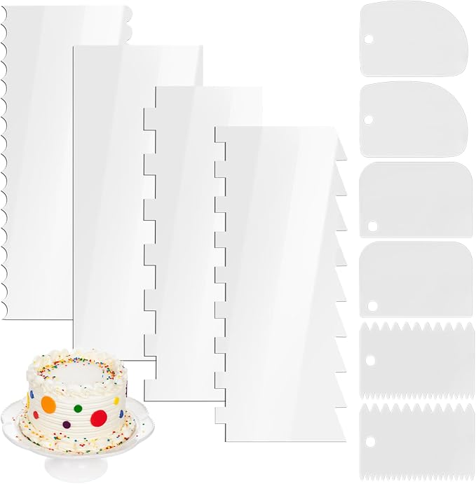 Cake Scraper Set 10 Piece, Icing Smoother and Frosting Comb Tools, 6 PP Scrapers + 4 Clear Acrylic Edge Combs, Sizes up to 9.45 x 3.94 in, for Buttercream Fondant Mousse