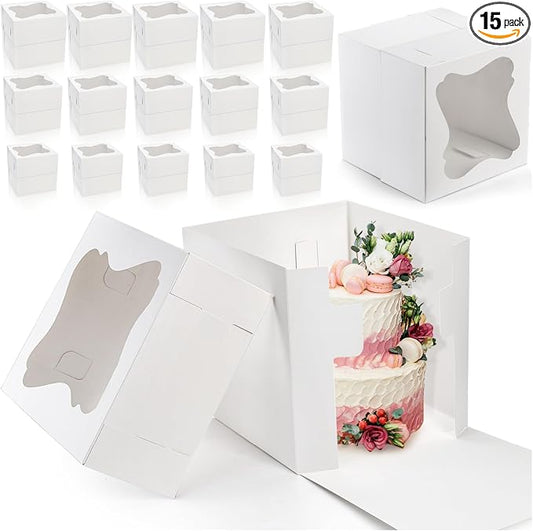 Pumtus 15 PCS Tall Cake Boxes, Square Cake Box with Window in 3 Sizes 12x12x12 10x10x10 8x8x8 Inches, Cardboard Tier Cake Bakery Container, Disposable Dessert Pie Takeout Carrier for Wedding Birthday