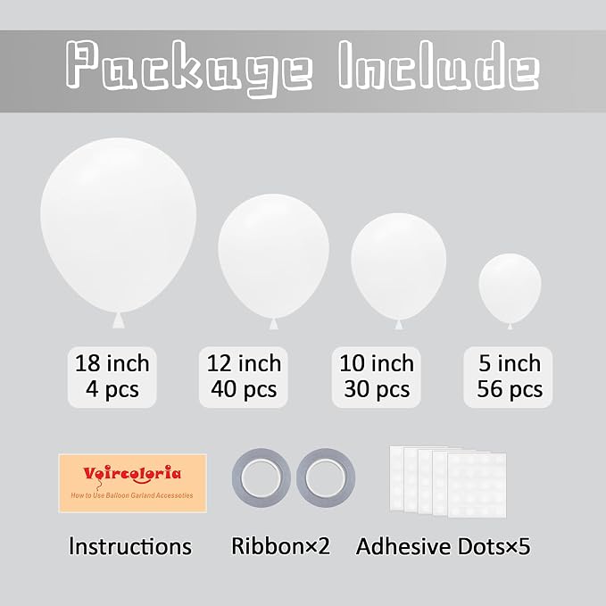 Voircoloria 130pcs White Balloons Different Sizes 18" 12" 10" 5" Party Latex Balloons for Birthday Baby Shower Graduation Wedding Anniversary Party Decorations