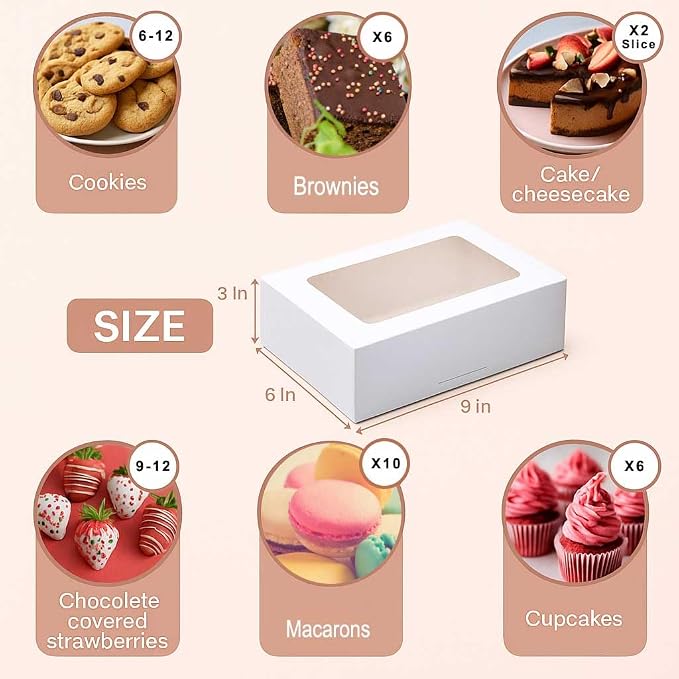 30 Pack Treat Boxes for Desserts - Cookie Boxes with Window for Gift Giving – 9x6x3 Inches Small Cookie Containers for Strawberries, Cupcake, Candy, Charcuterie, Pastry, Donuts, Baked Goods (White)
