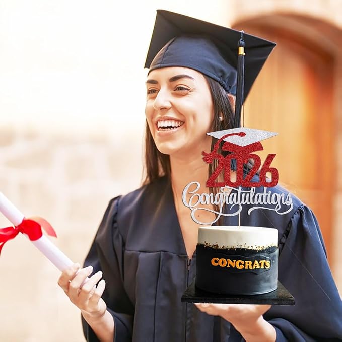 Silver-red 2026 Congratulations Graduation Cake Topper,Congrats Grad Cake Decor - 2026 High School/College/Senior Graduation Party Decorations Supplies