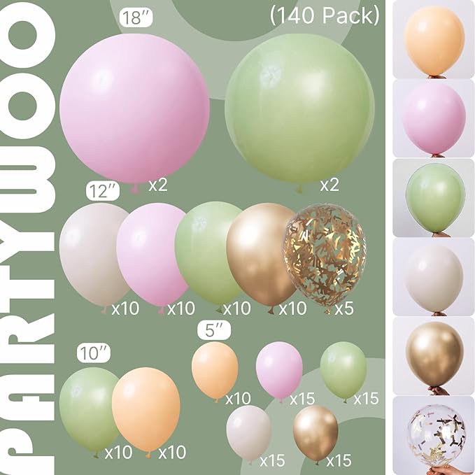 PartyWoo Pink and Green Balloon Arch Kit Garland 140pcs Different Sizes of 18 12 10 5 Inch Metallic Gold Baby Pink Sage Green Sand White Nude Gold Confetti Balloons for Birthday Party Decorations
