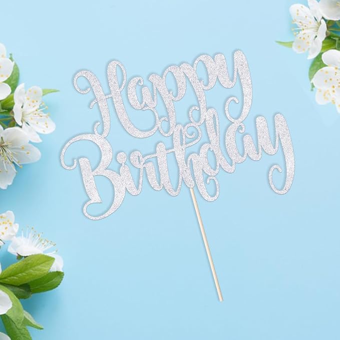 Happy Birthday Cake Topper- Glitter Happy Birthday Cake Decor, Handmade Anniversary/Birthday Party Supplies (Silver)