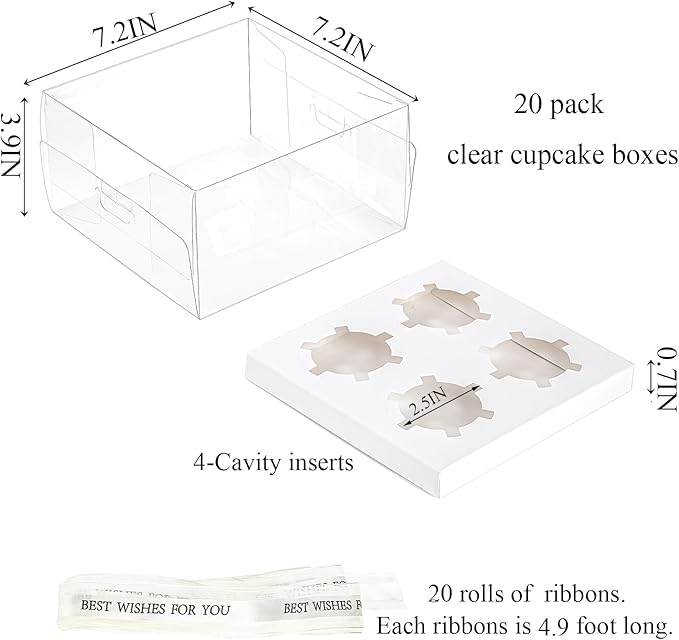 Cedilis 20 Pack Clear Cupcake Boxes with Gift Ribbon, 4 Count Plastic Cupcake Containers, Cupcake Carrier Holder for Treat Dessert Cookies Muffins Pastry Baby Shower Party
