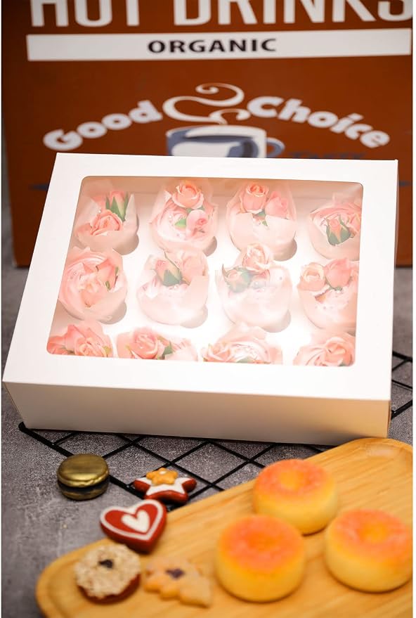 Bakepacker Auto-pop Up Cupcake Boxes with Window White 40PCS 12 Count Cupcake Box 13"x10"x3.5" Cupcakes Carrier, 12 Cupcake Containers with 2 rolls of pink ribbons