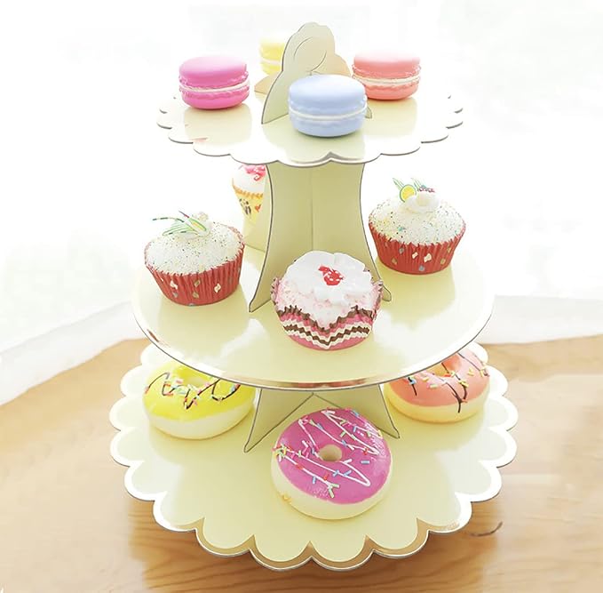 2 PACK Cardboard Cake Stand, 3 Tier Paper Dessert Round Cupcake Holder Tower Disposable Pastry Stand for Birthday, Afternoon Tea,Wedding Party Anniversary Christening Fruit Desserts Display…