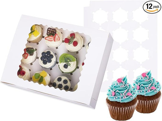 12-Set Cupcake Boxes Hold 12 Standard Cupcakes, Food Grade Cupcake Holders Bakery Carrier Boxes with Windows and Inserts for Cupcakes, Muffins and Pastries (White-12 Pack)