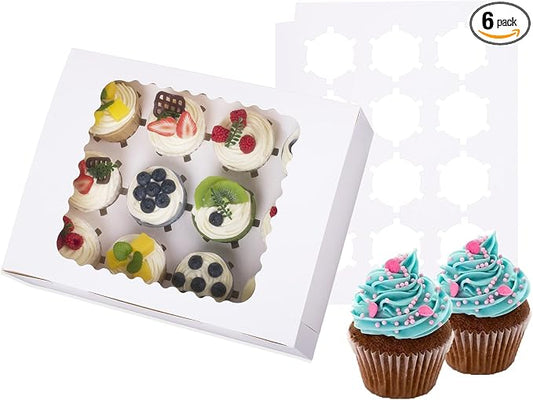 6-Set Cupcake Boxes Hold 12 Standard Cupcakes, Food Grade Cupcake Holders Bakery Carrier Boxes with Windows and Inserts for Cupcakes, Muffins and Pastries (White-6 Pack)