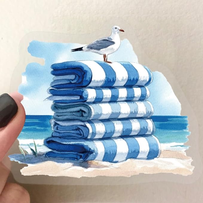 50 Pcs PET Transparent Blue Beach Stickers, Waterproof Vinyl Coastal-Themed Decals for Laptop Skateboard Luggage, Watercolor Beach Vacation Stickers Gift for Kids Teens AdultsBlue Beach