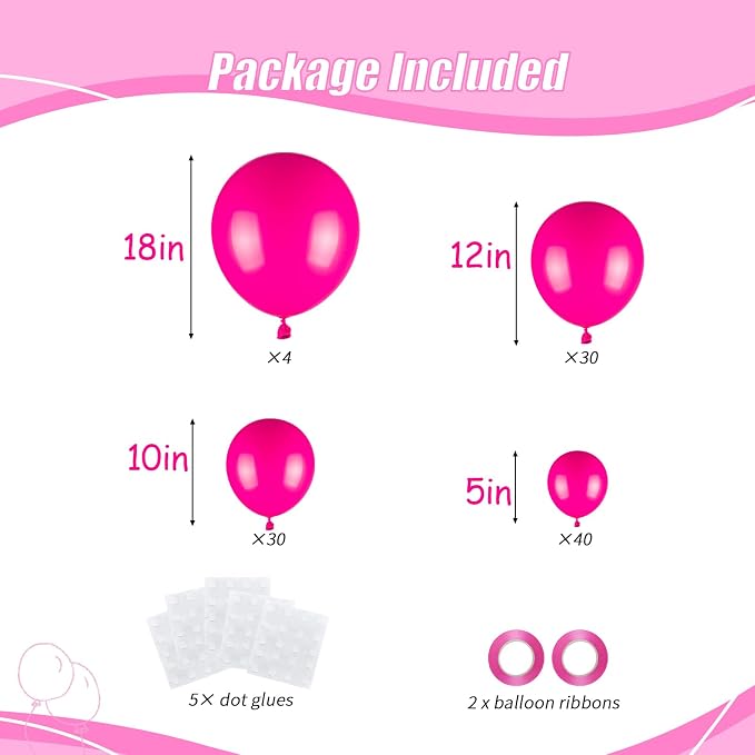 104pcs Hot Pink Balloons Assorted Sizes (18/12/10/5 Inch) - Dark Pink & Magenta Latex Balloons for Bachelorette Party, Princess Birthday, Bridal Shower & Wedding Decorations