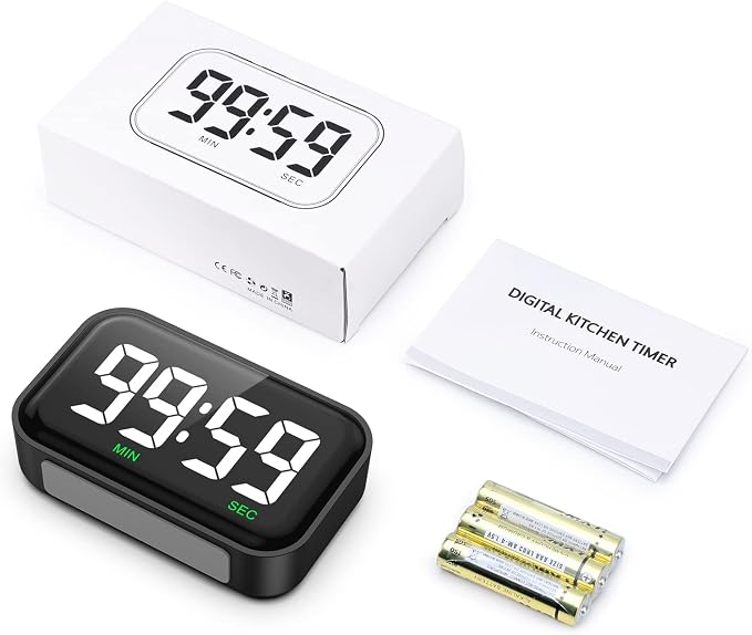Digital Kitchen Timer, Digital Timer with Large LED Display, Magnetic Classroom Timer with Count Up Countdown, 3 Volume Levels for Cooking/Office/Kids/Work/Study, Black (Battery Included)