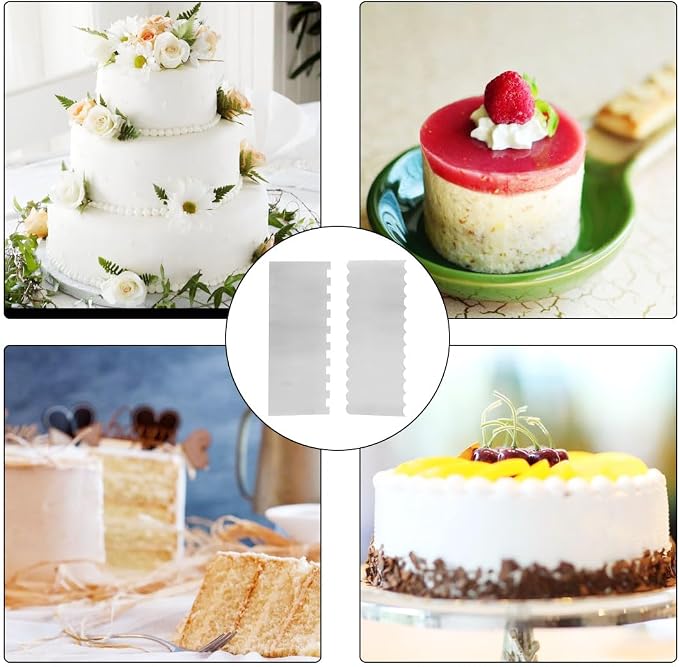 2 Piece 8.6 inche Stainless Steel Cake Scraper, Metal Cake Scraper, Sided Patterned Edge Stripe Edge Smoother Scraper, Edge Stripe Edge Smoother Scraper, Cake Decorating Comb Cake Scraper
