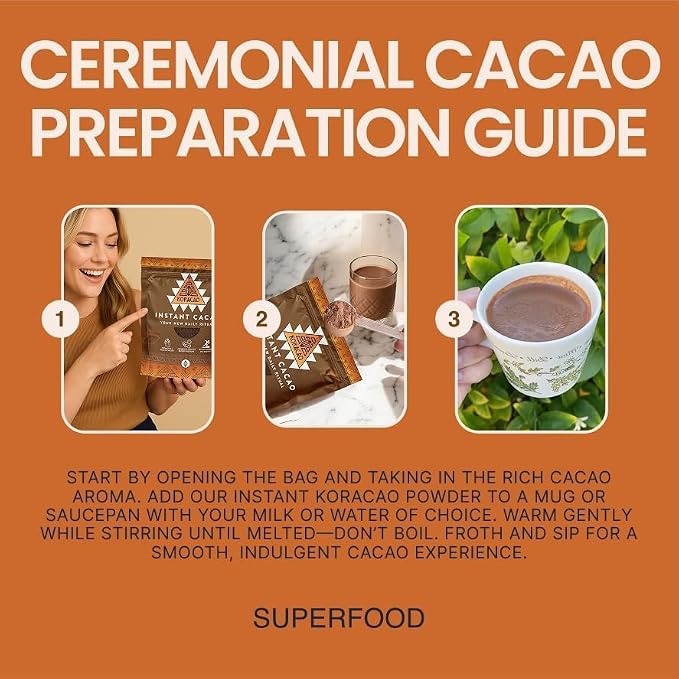 KORACAO Instant Ceremonial Cacao Powder | High-Flavanol Cacao Powder - 1000 MG Per Serving | New Daily Ritual with Harvested Powders for Mind, Body & Soul - 300g Bag (30 Servings)