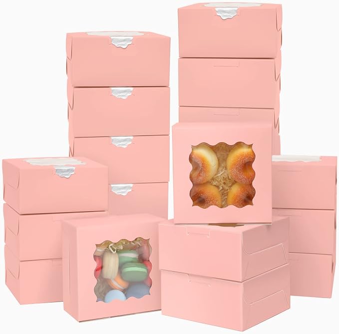 Bakepacker 100pcs Pink Bakery Boxes with Window 6x6x3 inches Thick & Sturdy Macaroon Pastry Boxes Cookie Boxes for Bakerys