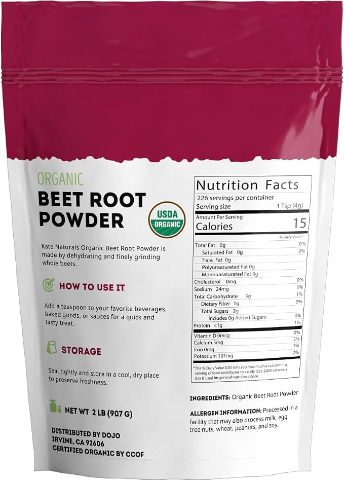 Kate Naturals Organic Beet Root Powder for Smoothies, Baking & Juice. Raw Beetroot Superfood & Natural Red Food Coloring (2lb, Non-GMO, Earthy Flavor)